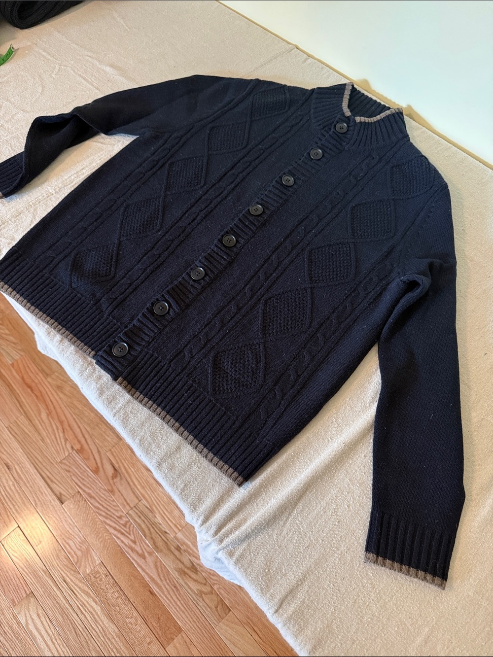 Aqua Men's Navy Cable-Knit Button-Front Cardigan with Contrast Trim